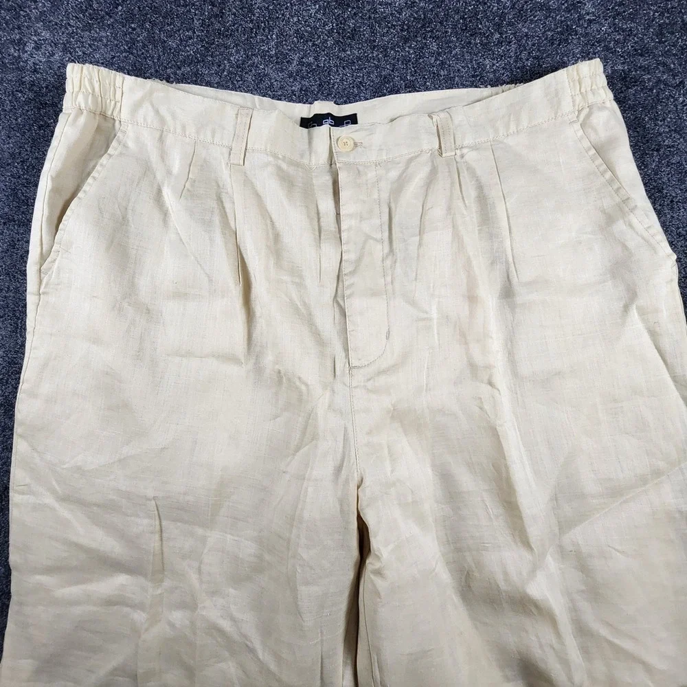 Godbody Collection Mens Linen Pants 44/33 Cream Pleated Elastic Waist Trousers
